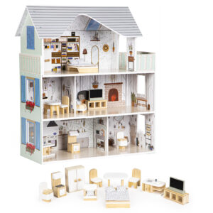 Lėlių namelis su medinių baldų komplektu – 3 aukštų „Emma Residence“ ECOTOYS