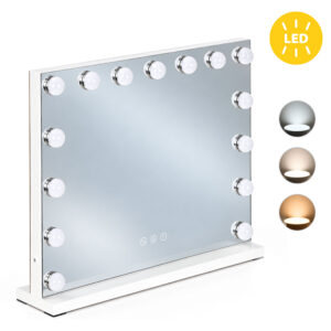 LED makiažo veidrodis 57x46 cm kosmetinis su apšvietimu 3 spalvos ryškumo reguliavimas 15 lempučių ModernHome