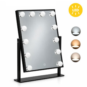 LED kosmetinis veidrodis 30x40 cm su apšvietimu, 3 spalvų režimai, 12 lempučių, juodas ModernHome