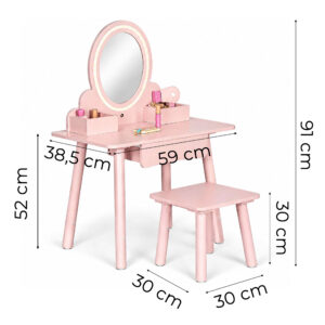 Vaikiškas medinis tualetinis staliukas su LED veidrodžiu, stalčiumi, kėdute ir 6 priedais, rožinis ECOTOYS - Image 10