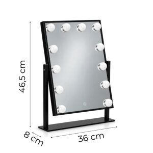 LED kosmetinis veidrodis 30x40 cm su apšvietimu, 3 spalvų režimai, 12 lempučių, juodas ModernHome - Image 10