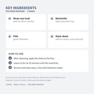 LUVUM Pore Reset Mud Mask purvo lakštinė kaukė 5 vnt. - su jūros purvu ir PHA - Image 4