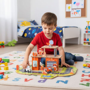 Medinis gaisrinės garažo rinkinys „2-in-1“ – stotis ir sunkvežimis, 2 aukštai, figūrėlės, transporto priemonės ECOTOYS - Image 2