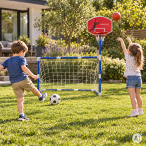 2-in-1 sporto rinkinys vaikams su futbolo vartais, krepšinio lanku, kamuoliais ir pompa - Image 2