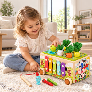 Medinis 8-in-1 varlės formos lavinamasis kubas su vaikštyne, formų rūšiuokliu, ksilofonu ir kirmėlių žvejyba ECOTOYS - Image 2