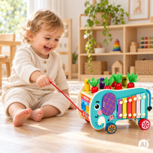 Medinis 8-in-1 drambliuko formos lavinamasis kubas su vaikštyne, formų rūšiuokliu, ksilofonu ir kirmėlių žvejyba ECOTOYS - Image 2