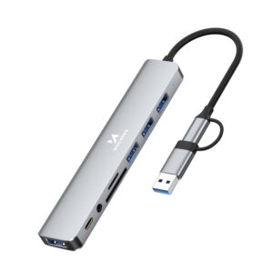 Wozinsky WAH-81 8-in-1 USB šakotuvas su USB 3.0 SD kortelių skaitytuvu ir garso išvestimi – pilkas