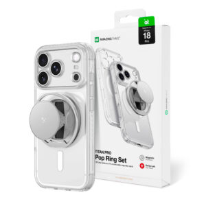 AmazingThing Titan Pro Pop Lens dėklas, skirtas iPhone 18 Pro su kameros dangteliu, laikikliu ir stovu, suderinamas su MagSafe - skaidrus