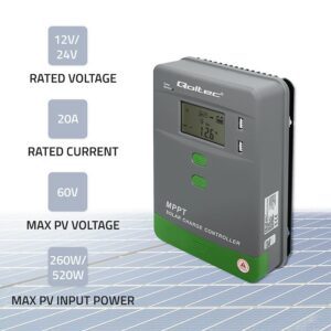 Qoltec 53667 Saulės įkrovimo valdiklis MPPT su temperatūros jutikliu 20A | 12V / 24V | LCD | 2 x USB | GEL | LiFePO4 - Image 2