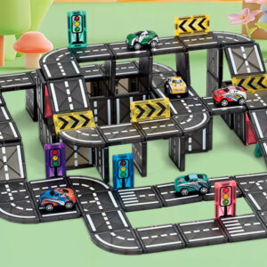 Magnetinės kaladėlės AUTOMOBILIŲ TRASA 168 dalys + 4 automobiliai ir kelio ženklai ZA6446 - Image 5