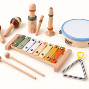 Mediniai muzikos instrumentai: cimbolai, tambūrinas, trikampis – 6 vnt. IN0191 - Image 2