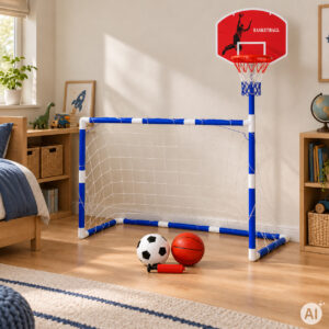 2-in-1 sporto rinkinys vaikams su futbolo vartais, krepšinio lanku, kamuoliais ir pompa - Image 3