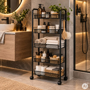 Metalinis mobilus lentynų blokas vonios kambariui ir virtuvei, organizatorius su 5 lentynomis ir ratukais, juodas ModernHome - Image 3