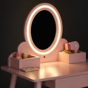 Vaikiškas medinis tualetinis staliukas su LED veidrodžiu, stalčiumi, kėdute ir 6 priedais, rožinis ECOTOYS - Image 3