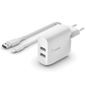 Belkin Boost↑Charge™ dvigubas USB sieninis įkroviklis + „Lightning“ laidas – 24W – Baltas