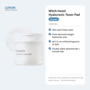 LUVUM Witch Hazel Hyaluronic Toner Pad tonizuojantys padeliai 60 vnt. - su raganine lazdyne, pH 5,5 - Image 2