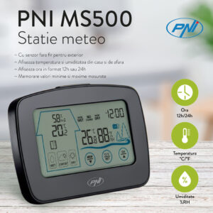 PNI MS500 meteorologinė stotelė su belaidžiu išoriniu jutikliu, rodo vidaus ir lauko temperatūrą bei drėgmę, minimalių ir maksimalių klimato verčių atmintis - Image 3