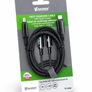Vakoss TC-U560“ USB-C į USB-C laidas su skaitmeniniu ekranu, 100 W, 1,5 m, juodas - Image 2