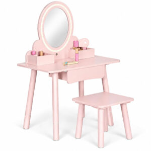 Vaikiškas medinis tualetinis staliukas su LED veidrodžiu, stalčiumi, kėdute ir 6 priedais, rožinis ECOTOYS - Image 4