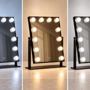 LED kosmetinis veidrodis 30x40 cm su apšvietimu, 3 spalvų režimai, 12 lempučių, juodas ModernHome - Image 4