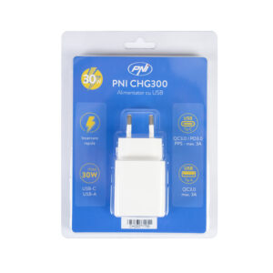 PNI CHG300 maitinimo adapteris su USB C prievadu, QC3.0, PD3.0, PPS ir USB-A prievadu, 30W