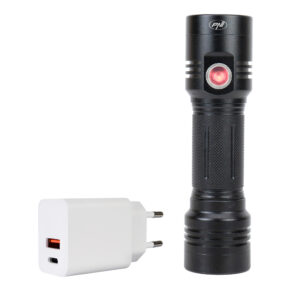 PNI Adventure F200 aliumininis dvigubas žibintuvėlis su LED, 4000mAh baterija, 3 didelės diafragmos LED ir vienu su fokusavimu bei PNI CHG300 maitinimo šaltinis su USB C prievadu, QC3.0, PD3.0, PPS ir USB-A prievadu, 30W