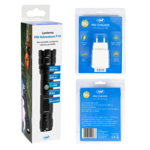PNI Adventure F10 aliumininis žibintuvėlis su 6W LED, 500lm, iki 200m fokusavimu, su baterija ir PNI CHG300 maitinimo adapteriu su USB C prievadu, QC3.0, PD3.0, PPS ir USB-A prievadu, 30W - Image 11