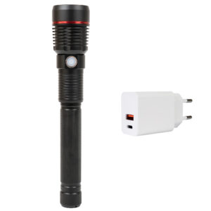 Aliumininis žibintuvėlis PNI Adventure F450, su fokusavimo funkcija, BOOST, LED 20 W, 1500 lm iki 450 m, 4400 mAh, IPX5, su pridedamu PNI CHG300 maitinimo šaltiniu