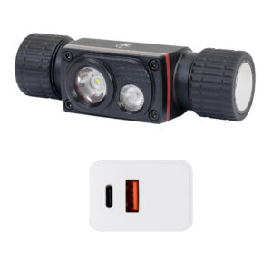 PNI Adventure F80 dvigubas LED galvos žibintuvėlis, 1000 lm, 6W, 2200 mAh, IP68, pakuotėje yra PNI CHG300 maitinimo šaltinis