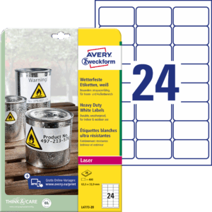 Lipnios etiketės Avery Zweckform, A4, atsparios drėgmei, 63.5x33.9mm, 24 etiketės lape, 20 lapų, matinės, permanentinės, baltos spalvos
