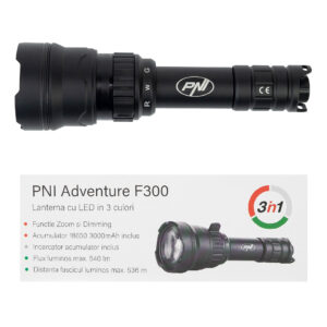 PNI Adventure F300 LED žibintuvėlis, 3 spalvos: balta, raudona, žalia, atstumas 500 m, šviesos srautas 540 lm, 18650 3000mAh baterija komplekte, baterijos įkroviklis komplekte, priartinimo ir šviesos intensyvumo reguliavimo funkcija - Image 4