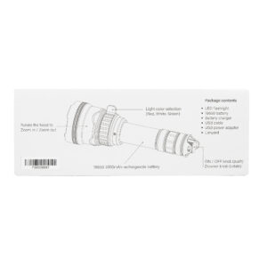 PNI Adventure F300 LED žibintuvėlis, 3 spalvos: balta, raudona, žalia, atstumas 500 m, šviesos srautas 540 lm, 18650 3000mAh baterija komplekte, baterijos įkroviklis komplekte, priartinimo ir šviesos intensyvumo reguliavimo funkcija - Image 12