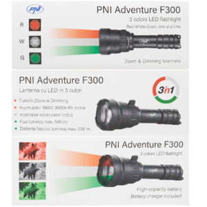 PNI Adventure F300 LED žibintuvėlis, 3 spalvos: balta, raudona, žalia, atstumas 500 m, šviesos srautas 540 lm, 18650 3000mAh baterija komplekte, baterijos įkroviklis komplekte, priartinimo ir šviesos intensyvumo reguliavimo funkcija - Image 13