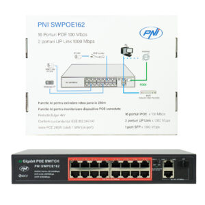 POE komutatorius PNI SWPOE162, 16 POE 100 Mbps prievadų, 2 UP Link 1000 Mbps prievadai, 1 SFP 1000 Mbps prievadas, 240W, AI Extend funkcija iki 250 m, 4kV apsauga nuo žaibo - Image 2
