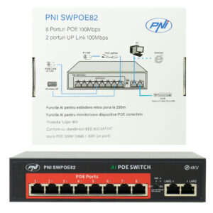 POE komutatorius PNI SWPOE82, 8 POE 100 Mbps prievadai ir 2 UP Link 100 Mbps prievadai, 120W, AI Extend funkcija iki 250m, 4kV apsauga nuo žaibo - Image 2