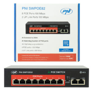 POE komutatorius PNI SWPOE82, 8 POE 100 Mbps prievadai ir 2 UP Link 100 Mbps prievadai, 120W, AI Extend funkcija iki 250m, 4kV apsauga nuo žaibo - Image 3
