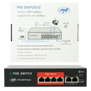 POE komutatorius PNI SWPOE42, 4 POE 100 Mbps prievadai ir 2 UP Link 100 Mbps prievadai, 65W, AI Extend funkcija iki 250m, 4kV apsauga nuo žaibo - Image 2