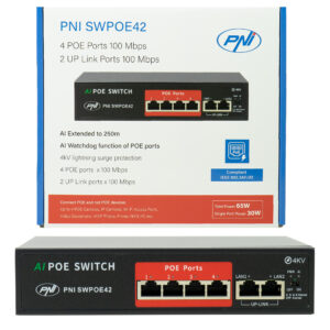POE komutatorius PNI SWPOE42, 4 POE 100 Mbps prievadai ir 2 UP Link 100 Mbps prievadai, 65W, AI Extend funkcija iki 250m, 4kV apsauga nuo žaibo - Image 3
