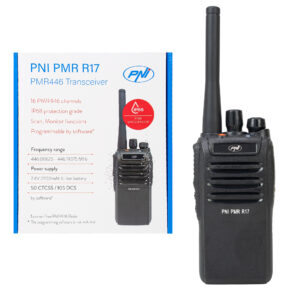 Nešiojama radijo stotelė PNI PMR R17 446MHz, 0.5W, 16 PMR kanalų ir 50 CTCSS bei 104 DCS tonų, FM radijas, programuojama, atspari vandeniui IP68, 2200 mAh baterija