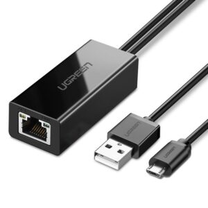 Ugreen 30985 išorinė tinklo plokštė, skirta Chromecast su micro USB / USB-A jungtimis 100Mb/s 1m – juoda