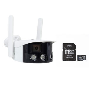 PNI IP590 vaizdo stebėjimo kamerų komplektas, belaidis, su IP, dvigubas objektyvas, 2 x 2MP + PNI 128GB MicroSD atminties kortelė su SD adapteriu
