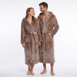 GAUBERT unisex flisinis chalatas su gobtuvu, ilgas, smėlio spalvos 2XL/3XL - Image 2