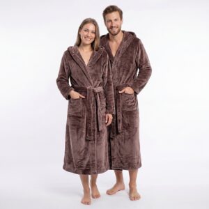 GAUBERT unisex flisinis chalatas su gobtuvu, ilgas, kavos rudumo spalvos S/M - Image 2