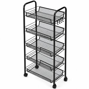 Metalinis mobilus lentynų blokas vonios kambariui ir virtuvei, organizatorius su 5 lentynomis ir ratukais, juodas ModernHome - Image 6
