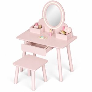 Vaikiškas medinis tualetinis staliukas su LED veidrodžiu, stalčiumi, kėdute ir 6 priedais, rožinis ECOTOYS - Image 6