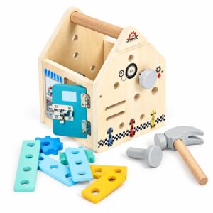 Medinis įrankių namelis, „pasidaryk pats“ žaidimų rinkinys su plaktuku ir varžtais, 32 dalys ECOTOYS - Image 6