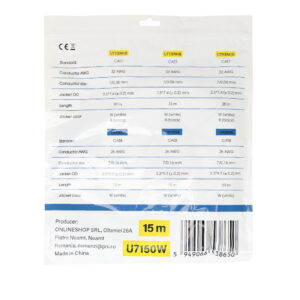 Plokščias tinklo kabelis S/STP CAT7 PNI U7150W, 2 x RJ45, 4 laidų poros, 32AWG, varinis, 10 Gbps, 600 MHz, 15m, baltas - Image 4