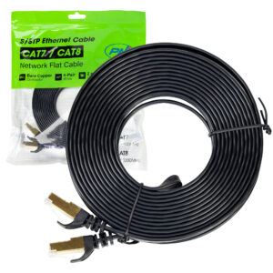Plokščias tinklo kabelis S/STP CAT7 PNI U7075B, 2 x RJ45, 4 laidų poros, 32AWG, varinis, 10 Gbps, 600 MHz, 7,5m, juodas