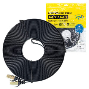 Plokščias tinklo kabelis S/STP CAT7 PNI U7150B, 2 x RJ45, 4 laidų poros, 32AWG, varinis, 10 Gbps, 600 MHz, 15m, juodas
