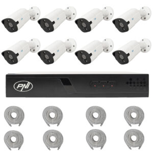PNI House IP716J POE NVR vaizdo stebėjimo komplektas, 8 PNI IP818J 8MP kameros ir 8 20 metrų UTP CAT6 kabeliai komplekte